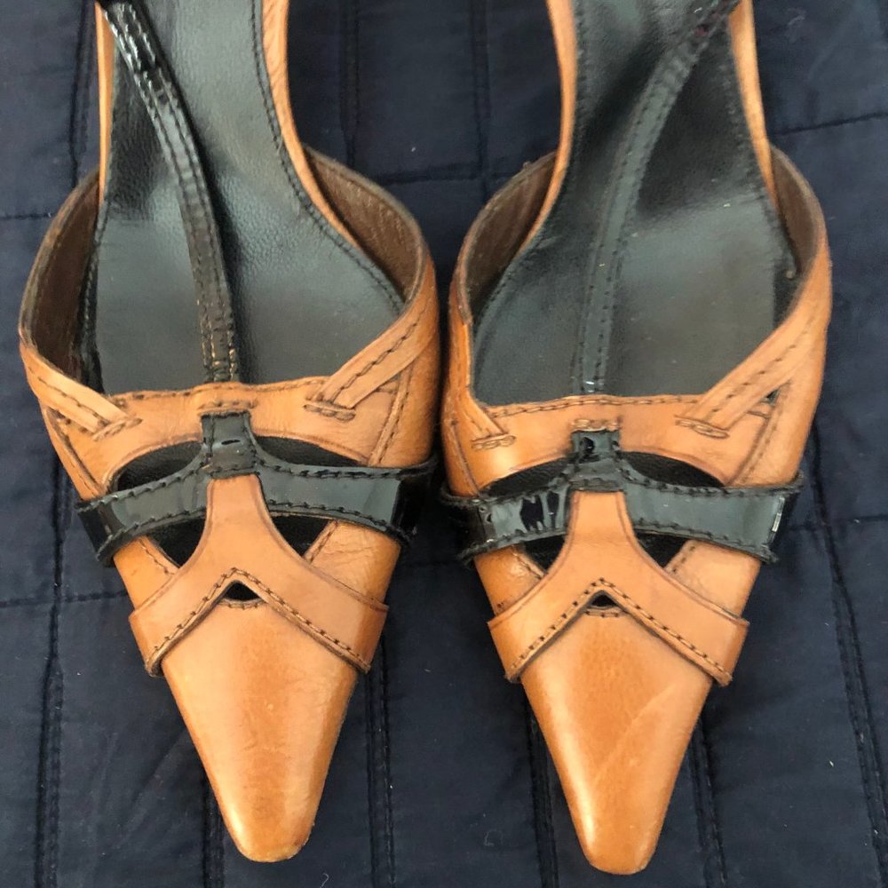 Prada Brown/Black Kitten Heel Ankle Strap Sandals - Picture 2 of 5